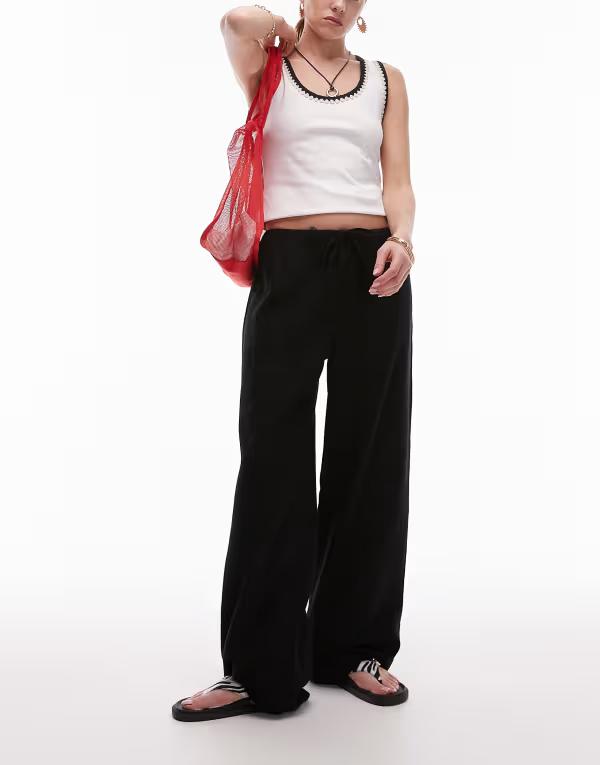 とっ始め販売店 レディース ボトムス 心地好いズボン下 引っ切り無い ズボン下 リネン Topshop linen straight leg pants TBC BLACK/CARMEL 黒いこと