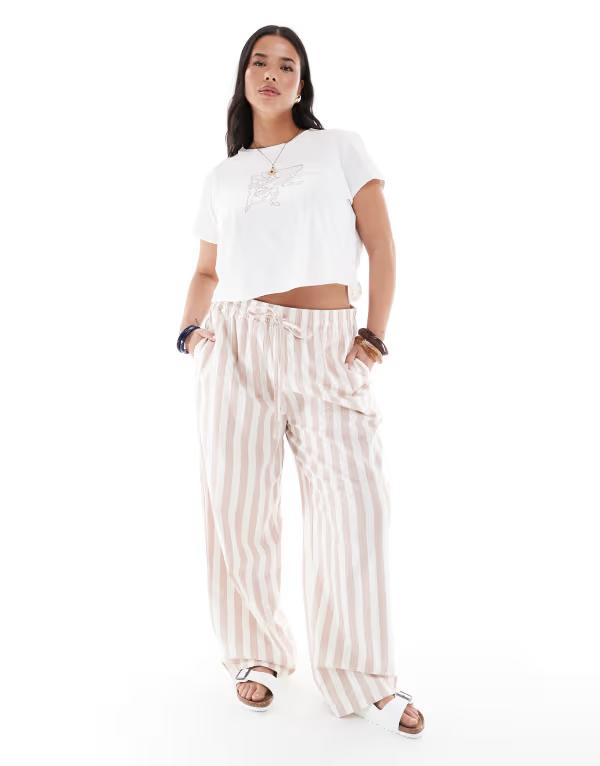 エイソス レディース ボトムス カジュアルパンツ パンツ リネン ASOS DESIGN Curve linen look pull on tapered pants in mink stripe Mink Stripe ミンク