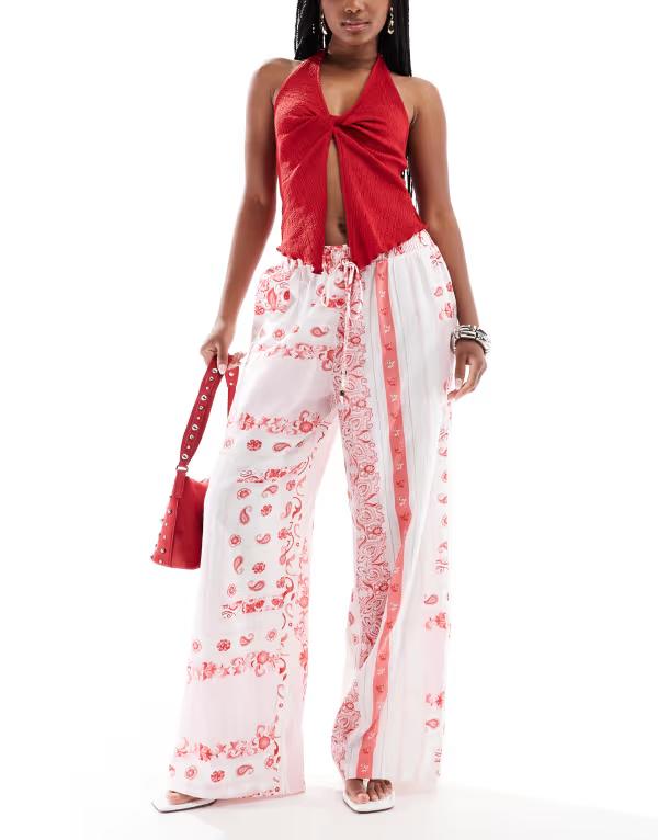 ヴェロモーダ レディース ボトムス カジュアルパンツ ワイドレッグ プリント パンツ Vero Moda wide leg resort pants bandana print Pink-A-Boo ピンク