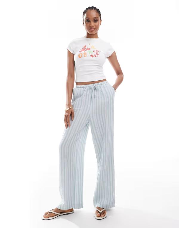 ベロモーダ レディース ボトムス 心地好いズボン下 ワイドレッグ ズボン下 綿織物 Vero Moda Tall cotton wide leg pants stripe Gray Mist Stripes 薄墨色