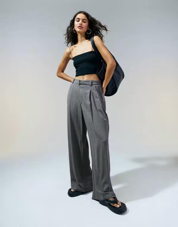 エイソス レディース ボトムス カジュアルパンツ ストレート パンツ リネン ASOS DESIGN relaxed straight leg linen blend pants Gray グレー