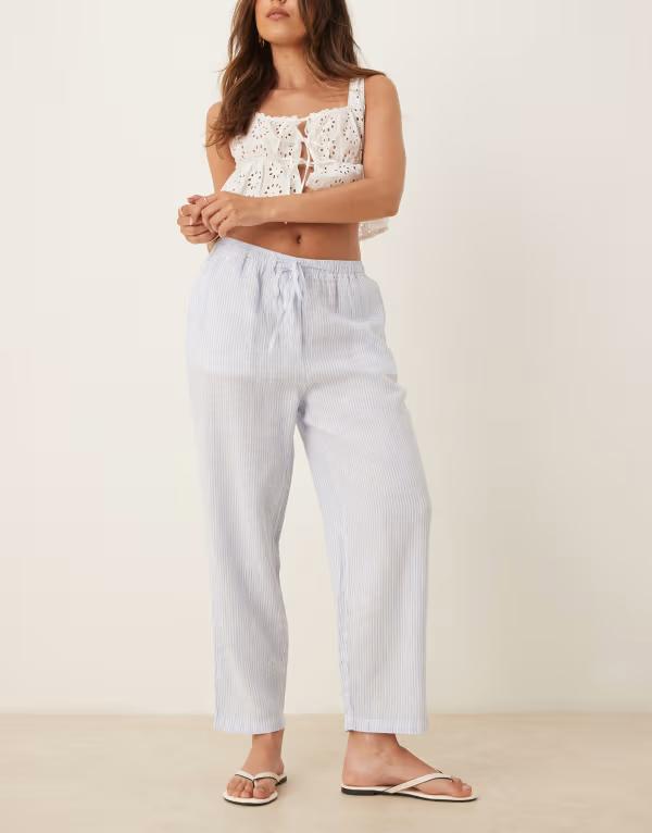 マンゴ レディース ボトムス 心地好いズボン下 ズボン下 リネン Mango tie waist linen pants LIGHT BLUE 青み