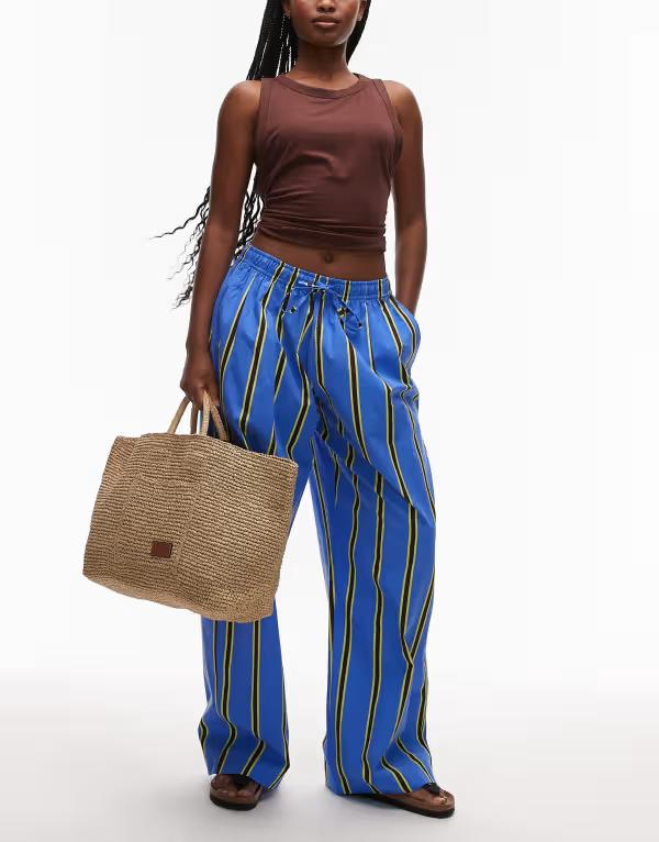 とっ始め販売店 レディース ボトムス 心地好いズボン下 ワイドレッグ ズボン下 Topshop poplin pull on wide leg pants インチ stripes Multi マルチ色つや
