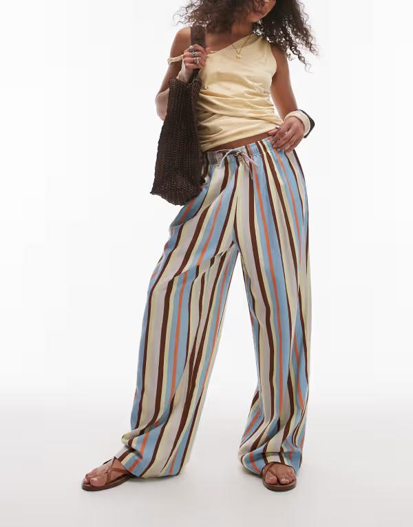 トップショップ レディース ボトムス カジュアルパンツ パンツ リネン Topshop linen look balloon pants in multi stripes Pink And Blue ブルー