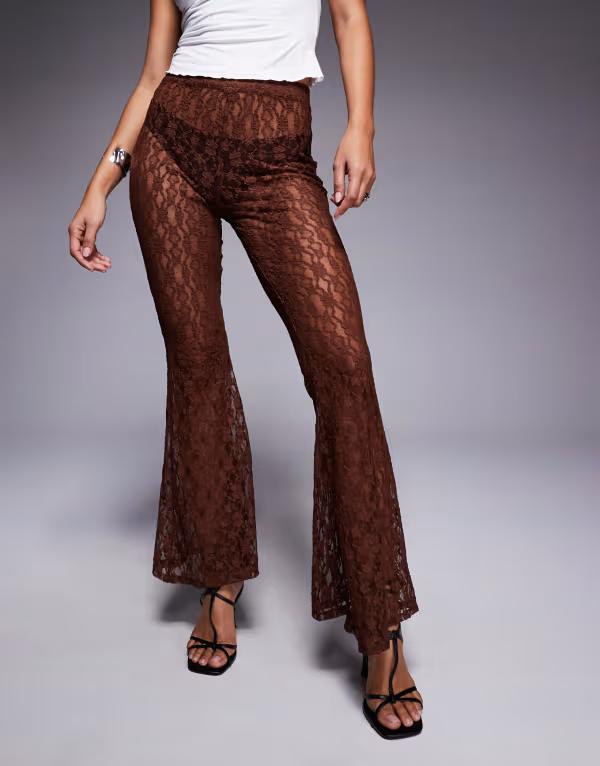 エイソス レディース ボトムス カジュアルパンツ ハイウエスト パンツ シアー レース ASOS DESIGN extreme flare high waist sheer lace pants Brown ブラウン