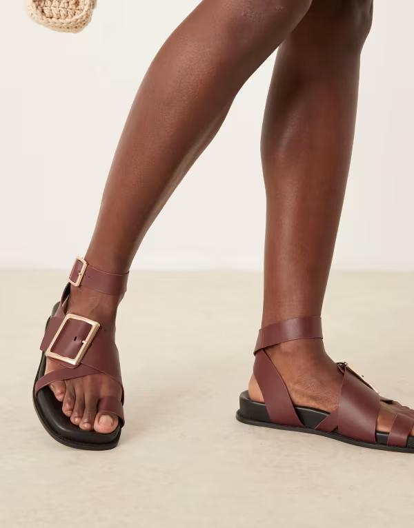 エイソス レディース シューズ サンダル レザー ASOS DESIGN Flawless leather toe loop footbed sandals Dark Cherry バーガンディ
