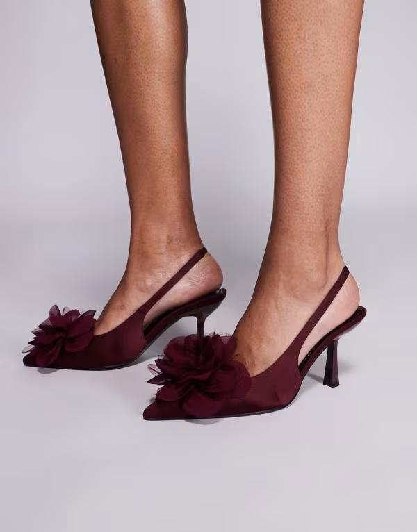 エイソス レディース シューズ ヒール ASOS DESIGN Sunrise corsage slingback mid heeled shoes Burgundy バーガンディ