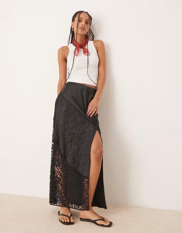 エイソス レディース ボトムス スカート サテン レース マキシ ASOS DESIGN satin crinkle and lace high slit maxi skirt black ブラック