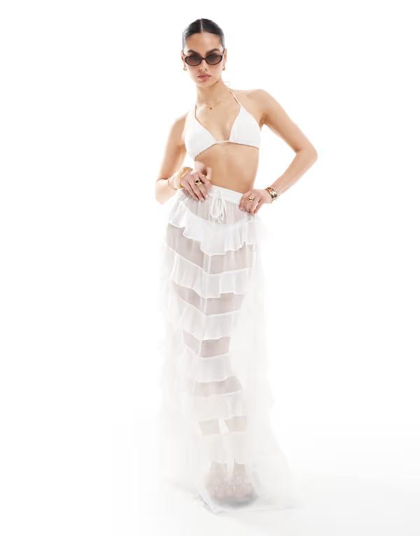 ミスセルフフリッジ レディース ボトムス スカート ティアード シフォン フリル マキシ Miss Selfridge beach chiffon ruffle tiered maxi skirt in cream CREAM クリーム 15,185円