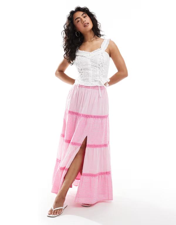 ミスセルフフリッジ レディース ボトムス スカート ギンガムチェック マキシ ギンガム Miss Selfridge gingham and stripe mix maxi skirt Pink gingham ピンク 13,986円