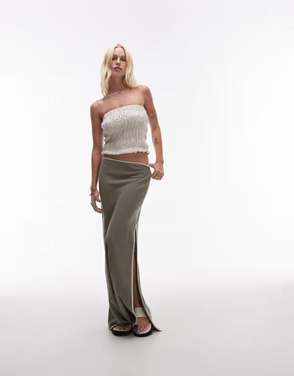 トップショップ レディース ボトムス スカート コントラスト リネン マキシ Topshop linen bias maxi skirt with contrast piping GREEN グリーン｜ReVida 店