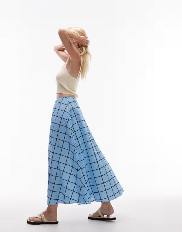 トップショップ レディース ボトムス スカート マキシ Topshop circle maxi skirt windowpane check Blue Check ブルー