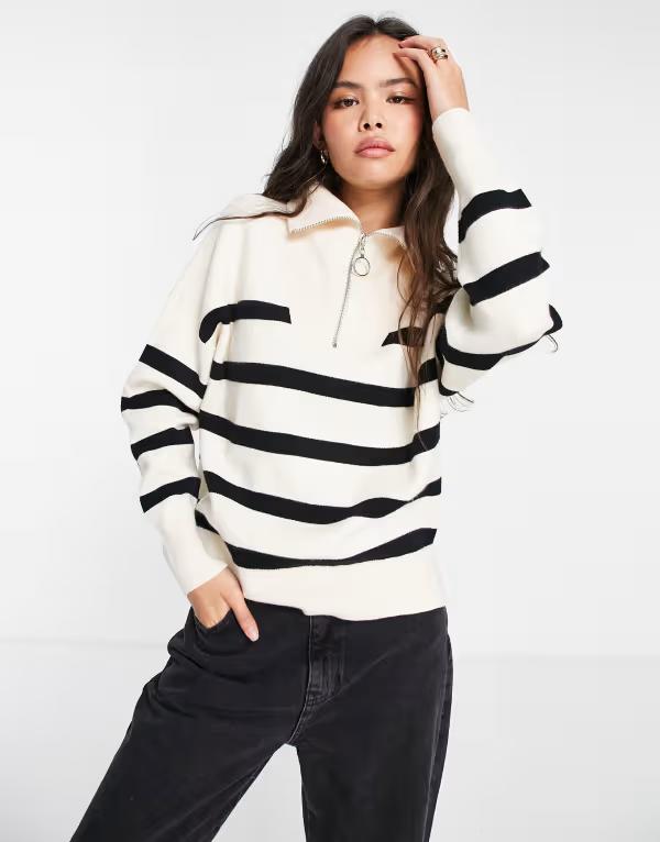 ヴェロモーダ レディース アウター ニット・セーター フルジップ セーター Vero Moda stripe zip through sweater in mono STRIPE: BLACK ブラック 17,381円