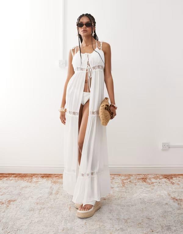 ミスセルフフリッジ レディース トップス ワンピース レーストリム レース マキシ Miss Selfridge beach lace trim tie front maxi cover up in cream CREAM クリーム