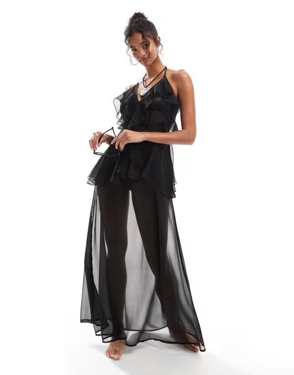 ミスセルフフリッジ レディース トップス ワンピース シフォン マキシワンピース フリル マキシ Miss Selfridge beach ruffle chiffon maxi dress Black ブラック