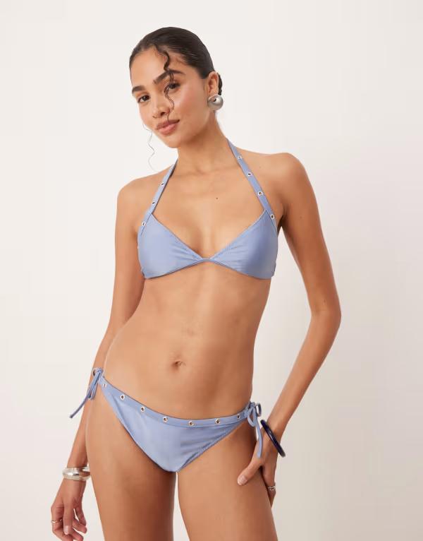マンゴ レディース 水着 トップのみ トール ホルター Mango stud detail halter metallic bikini top in light LIGHT BLUE ブルー