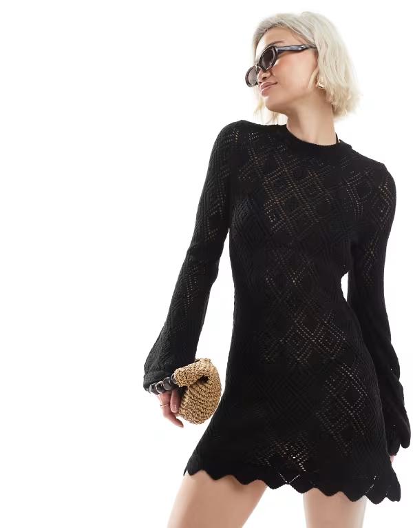 ミスセルフフリッジ レディース トップス ワンピース ニット Miss Selfridge wide sleeve scallop hem knit beach dress Black ブラック｜ReVida 店