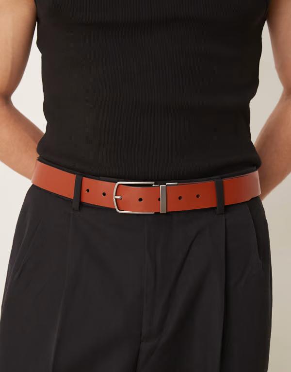 エイソス メンズ アクセサリー ベルト レザー ASOS DESIGN reversible leather belt and tan BROWN ブラウン