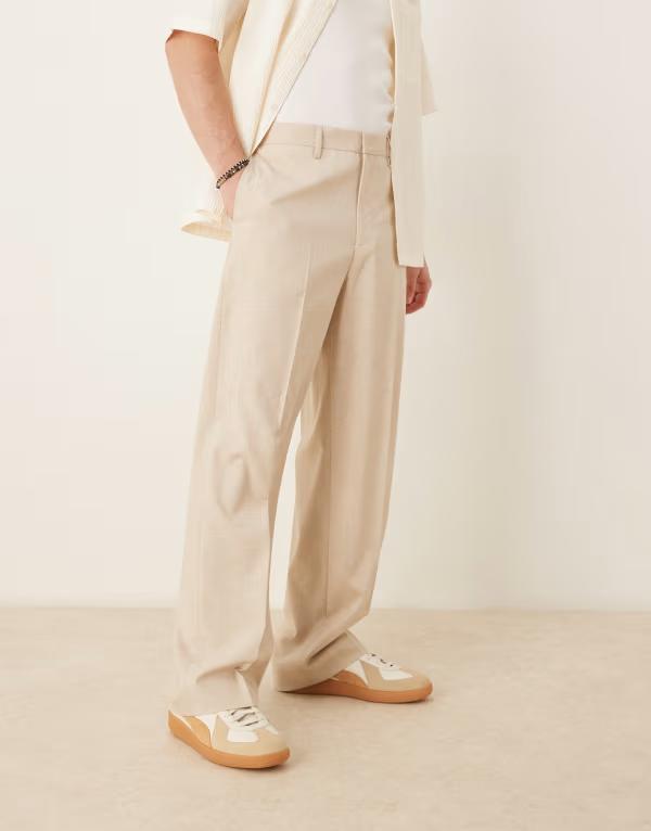 エイソス メンズ ボトムス カジュアルパンツ ワイドレッグ パンツ ASOS DESIGN wide leg dress pants with crosshatch fabrication in stone STONE ストーン