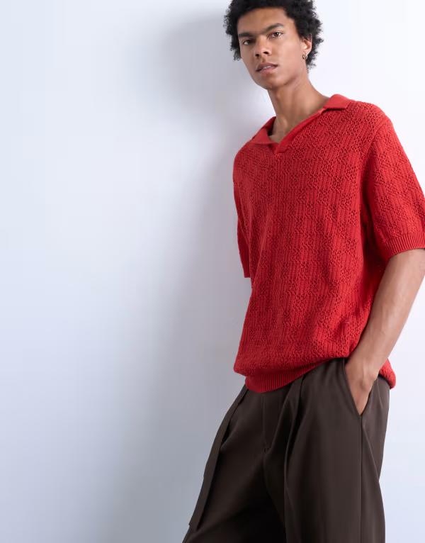 とっ始めマン メンズ トップス スポーツシャツ 編み物 Topman knit checkerboard crochet polo shirt RED 赤いこと
