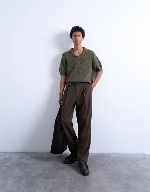 とっ始めマン メンズ トップス スポーツシャツ 編み物 Topman knit checkerboard crochet polo shirt Khaki カーキ
