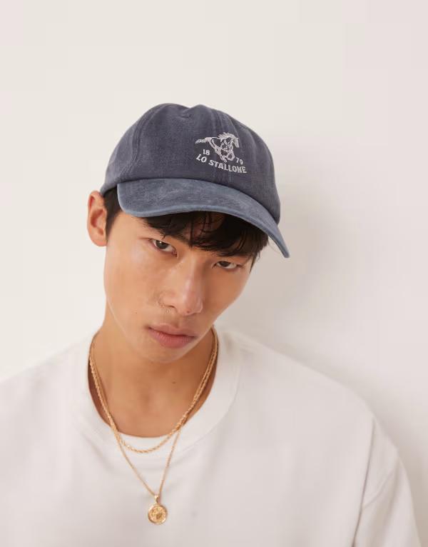 エイソス メンズ アクセサリー 帽子 キャップ グラフィック ASOS DESIGN horse graphic cap in washed Washed blue ブルー