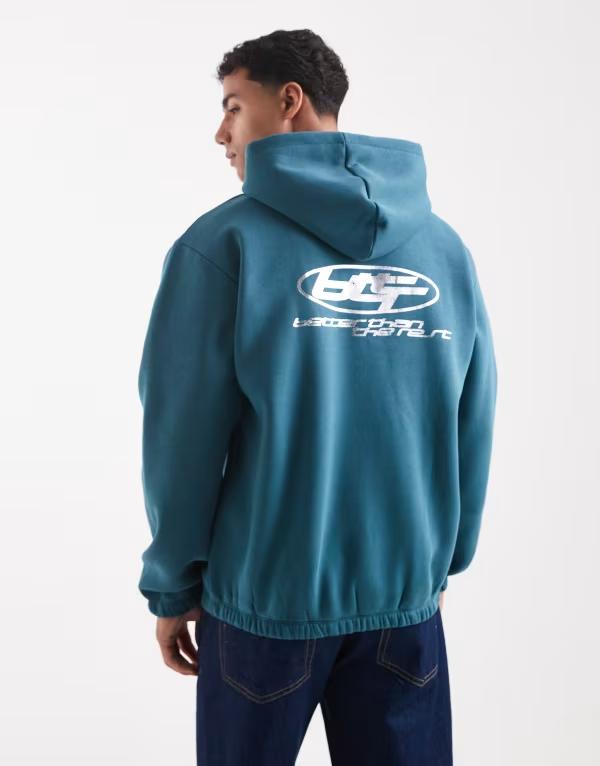 エイソス メンズ アウター パーカー・スウェット プリント トール パーカー ASOS DESIGN hoodie with metallic athletic print in teal MEDITERRANEAN ブルー