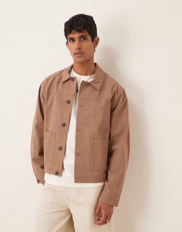 エイソス メンズ アウター ジャケット・ブルゾン ジャケット ASOS DESIGN dressy harrington jacket seersucker - part of a set BROWN ブラウン