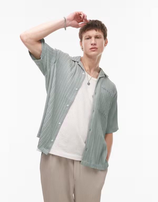 いの一番マン メンズ トップス プルオーバー Topman short sleeve textured plisse shirt インチ sage SAGE サルヴィア