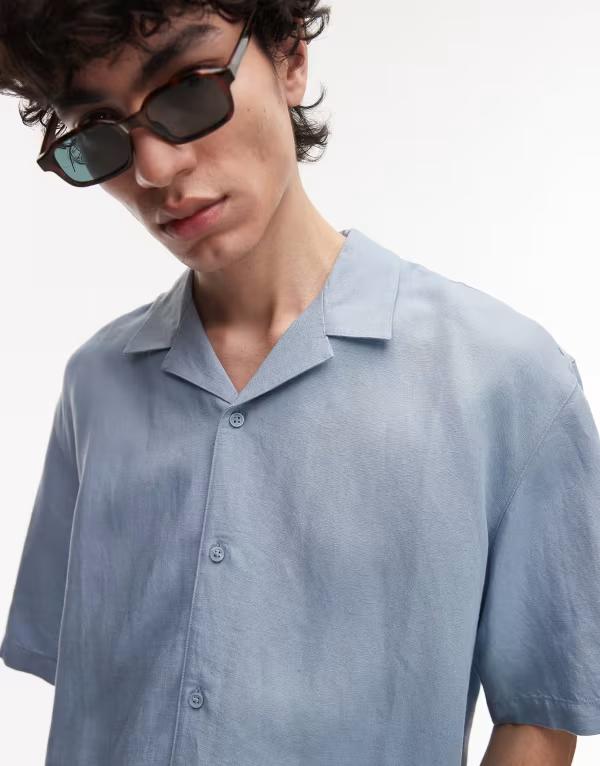 いの一番マン メンズ トップス プルオーバー レギュラー填まる リネン Topman regular fit short sleeve linen blend shirt インチ light MID BLUE 青色