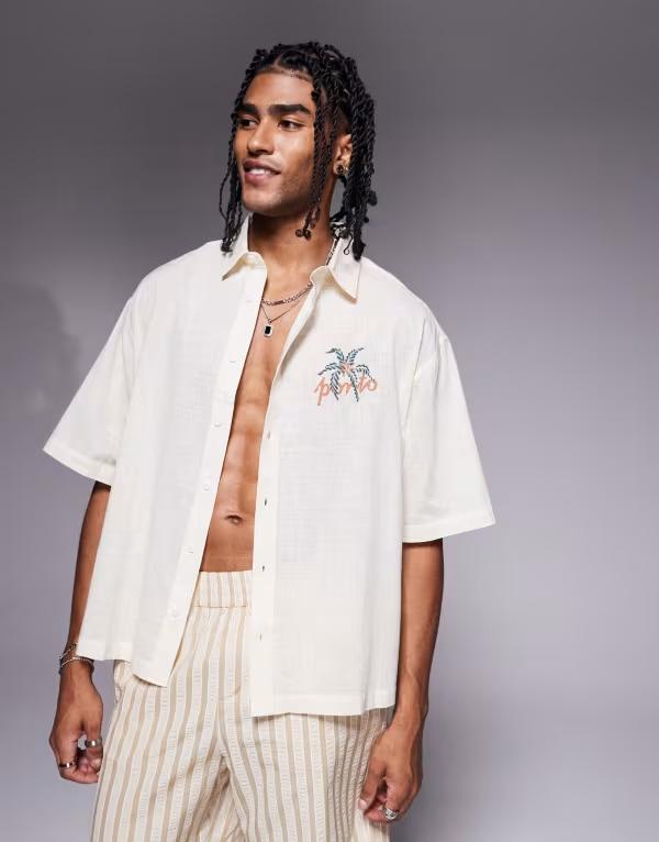 エイソス メンズ トップス シャツ プリント ASOS DESIGN boxy oversized camp collar shirt with chest print in stone STONE ストーン