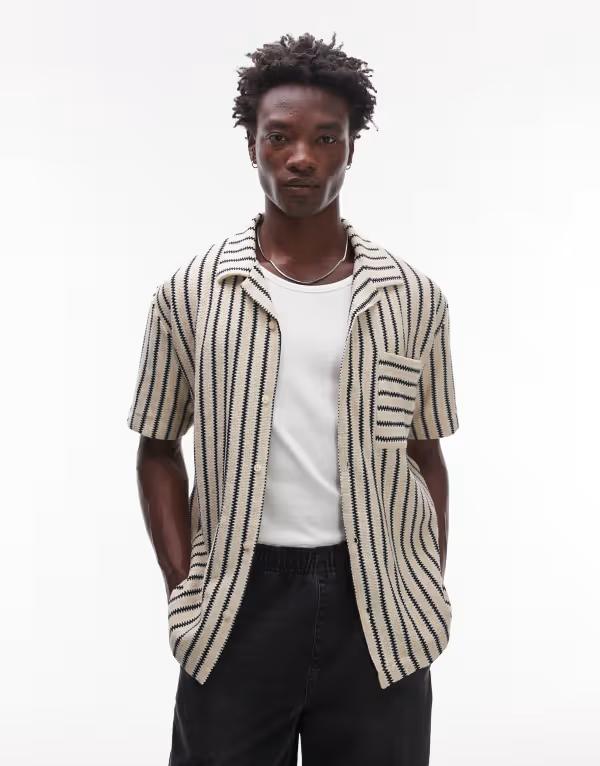 トップマン メンズ トップス シャツ オーバーサイズフィット ニット ジャージー Topman oversized fit button through jersey shirt with knit stripe in stone STONE ストーン