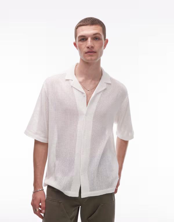 いの一番マン メンズ トップス プルオーバー レギュラー填まる Topman regular fit crochet shirt インチ ecru IVORY 象牙色