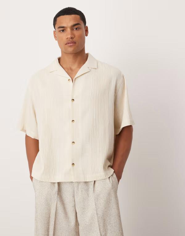エイソス メンズ トップス シャツ ASOS DESIGN boxy camp collar shirt with pintuck detailing in stone STONE ストーン 8,380円