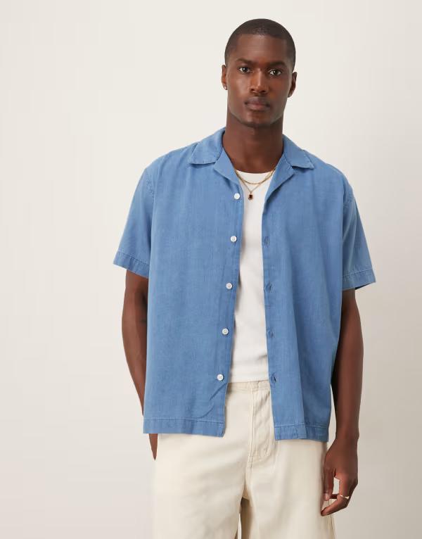 セレクテッドオム メンズ トップス シャツ デニム Selected Homme camp collar denim shirt in mid blue wash Medium blue denim デニム