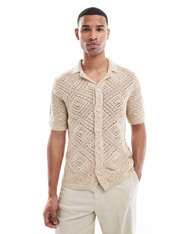 オンリーアンドサンズ メンズ トップス シャツ ニット ONLY & SONS open knit shirt String ベージュ