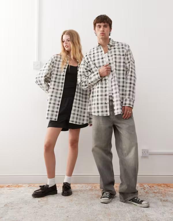 コルージョン レディース トップス シャツ COLLUSION Unisex plaid shirt and BLACK & WHITE ホワイト