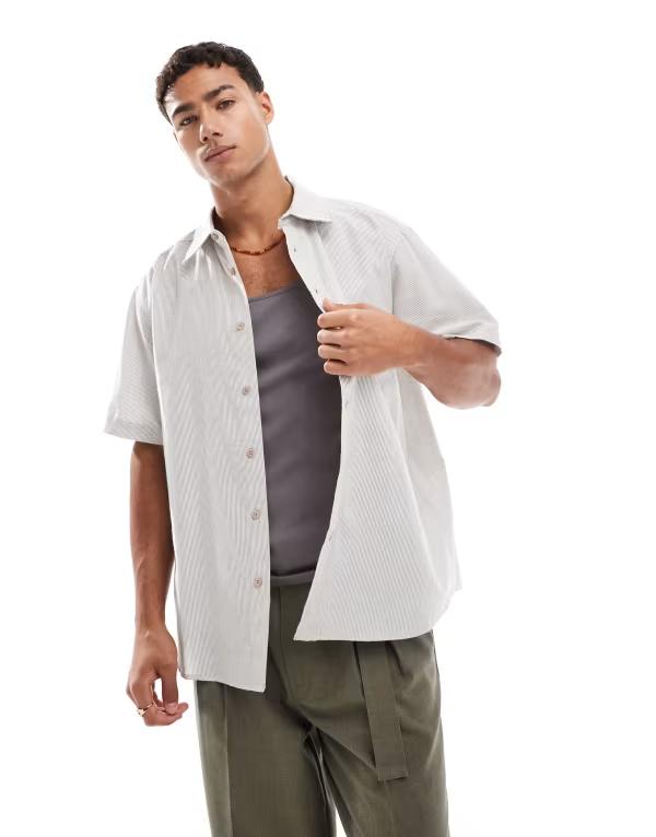 オンリーアンドサンズ メンズ トップス シャツ ONLY & SONS short sleeve shirt with light brown stripe Gardenia ホワイト