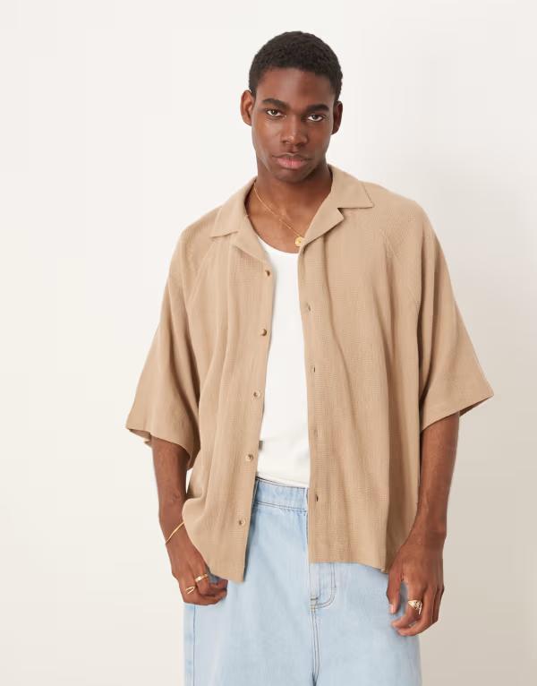 エイソス メンズ トップス シャツ ASOS DESIGN boxy oversized revere shirt BROWN ブラウン