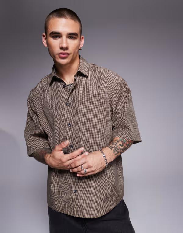エイソス メンズ トップス プルオーバー ASOS DESIGN oversized shirt plaid BROWN 赤銅色