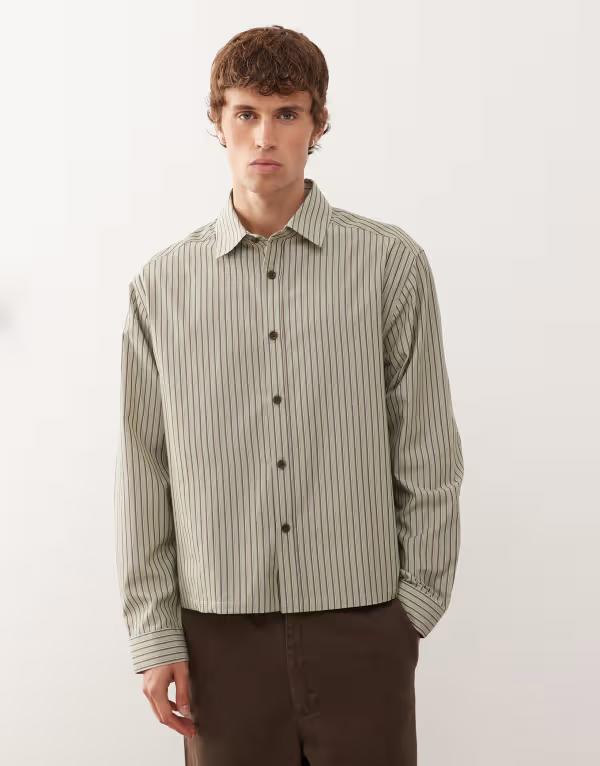 コルージョン メンズ トップス シャツ COLLUSION boxy long sleeve stripe shirt Khaki カーキ