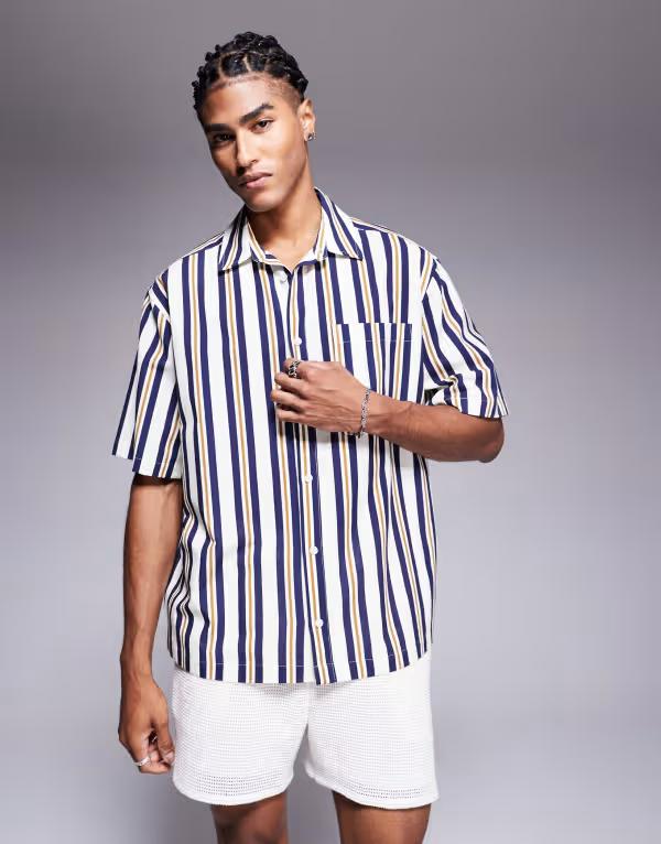 エイソス メンズ トップス プルオーバー ASOS DESIGN loose fit shirt stripes BLUE 青色