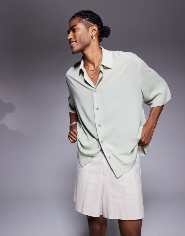 エイソス メンズ トップス プルオーバー シアー ASOS DESIGN oversized half sleeve sheer shirt インチ sage SAGE サルヴィア