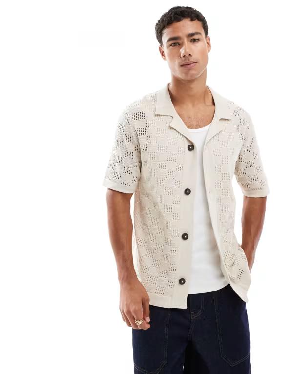 オンリーアンドサンズ メンズ トップス シャツ ONLY & SONS plaid crochet shirt Silver Lining シルバー