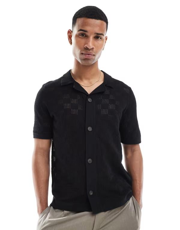 オンリーアンドサンズ メンズ トップス シャツ ONLY & SONS checkerboard crochet shirt Black ブラック