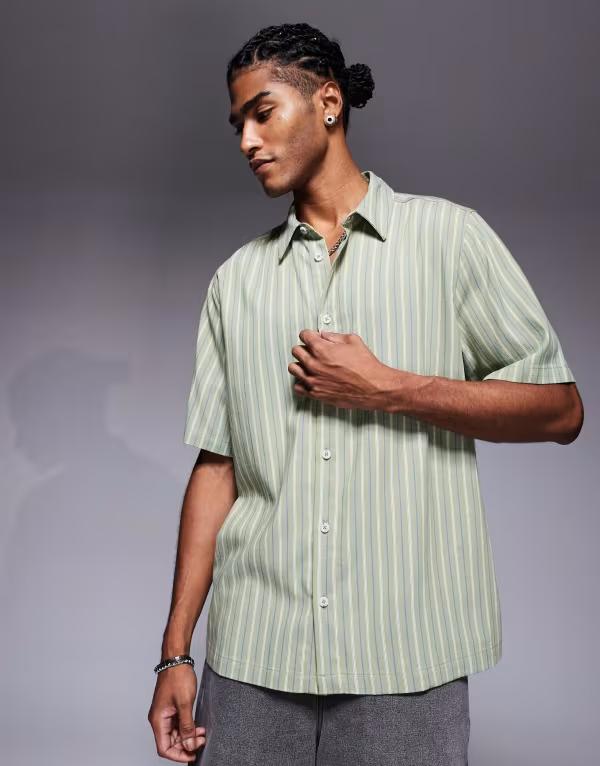 エイソス メンズ トップス シャツ ASOS DESIGN relaxed stripe shirt GREEN グリーン