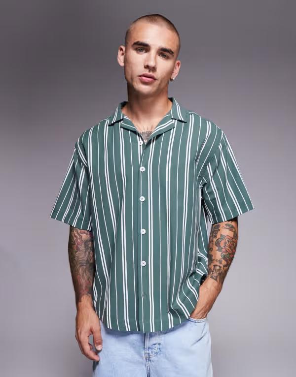 エイソス メンズ トップス シャツ ASOS DESIGN oversized striped shirt GREEN グリーン