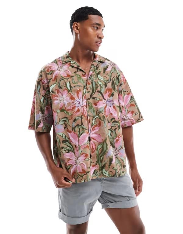 エイソス メンズ トップス プルオーバー 御花柄 刷り上げる 御花 ASOS DESIGN oversized revere shirt with floral print Multi マルチ色合い