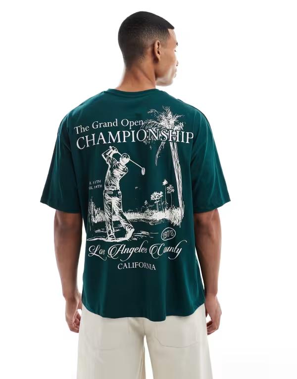 エイソス メンズ トップス Tシャツ プリント シャツ グラフィック ASOS DESIGN oversized t-shirt with golf graphic back print DARK GREEN グリーン