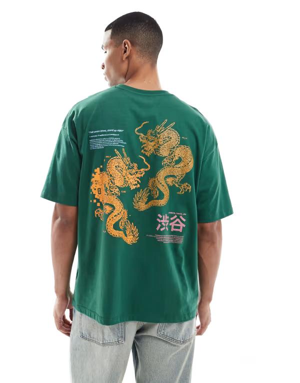 エイソス メンズ トップス ティーシャツ グラフィック ASOS DESIGN oversized t-shirt with dragon graphic DARK GREEN 緑であること Tシャツ・カットソー-トップス-メンズファッション